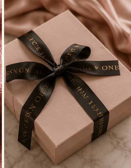 A luxury gift box wrapped with a dark ribbon — the way it leaves the house.