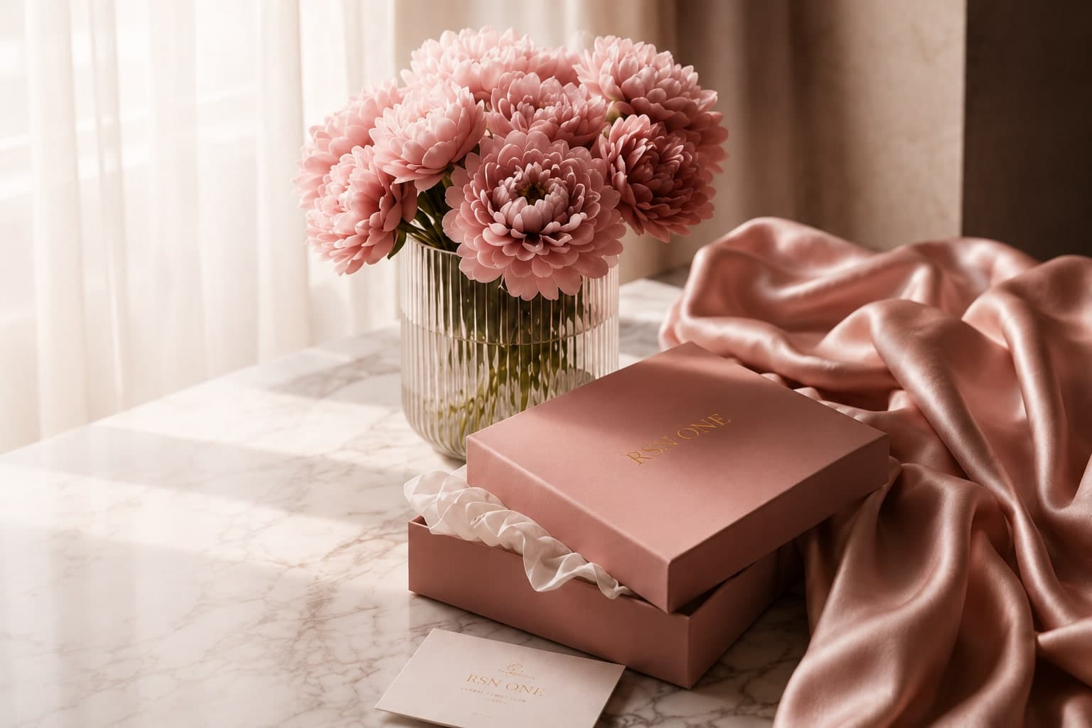 A still life of pink peonies, silk, and luxury packaging — the feeling of the curation.