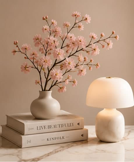 A vase of cherry blossom branches beside a small table lamp — quiet hours.