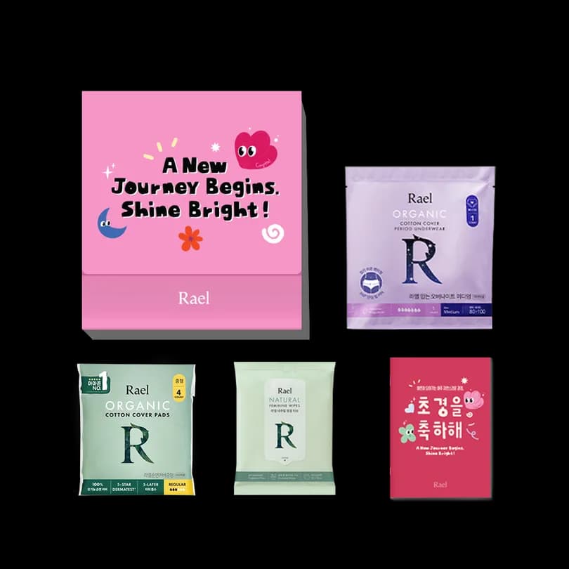 Rael First Period Trial Kit (M 4P, Overnight Panties M 1P, Wipes 10P, Menstruation Guide)